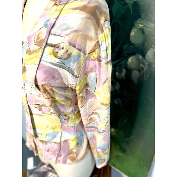 Watercolor Edwardian pink blue 80s  large collar button long sleeve blouse - Picture 6 of 12